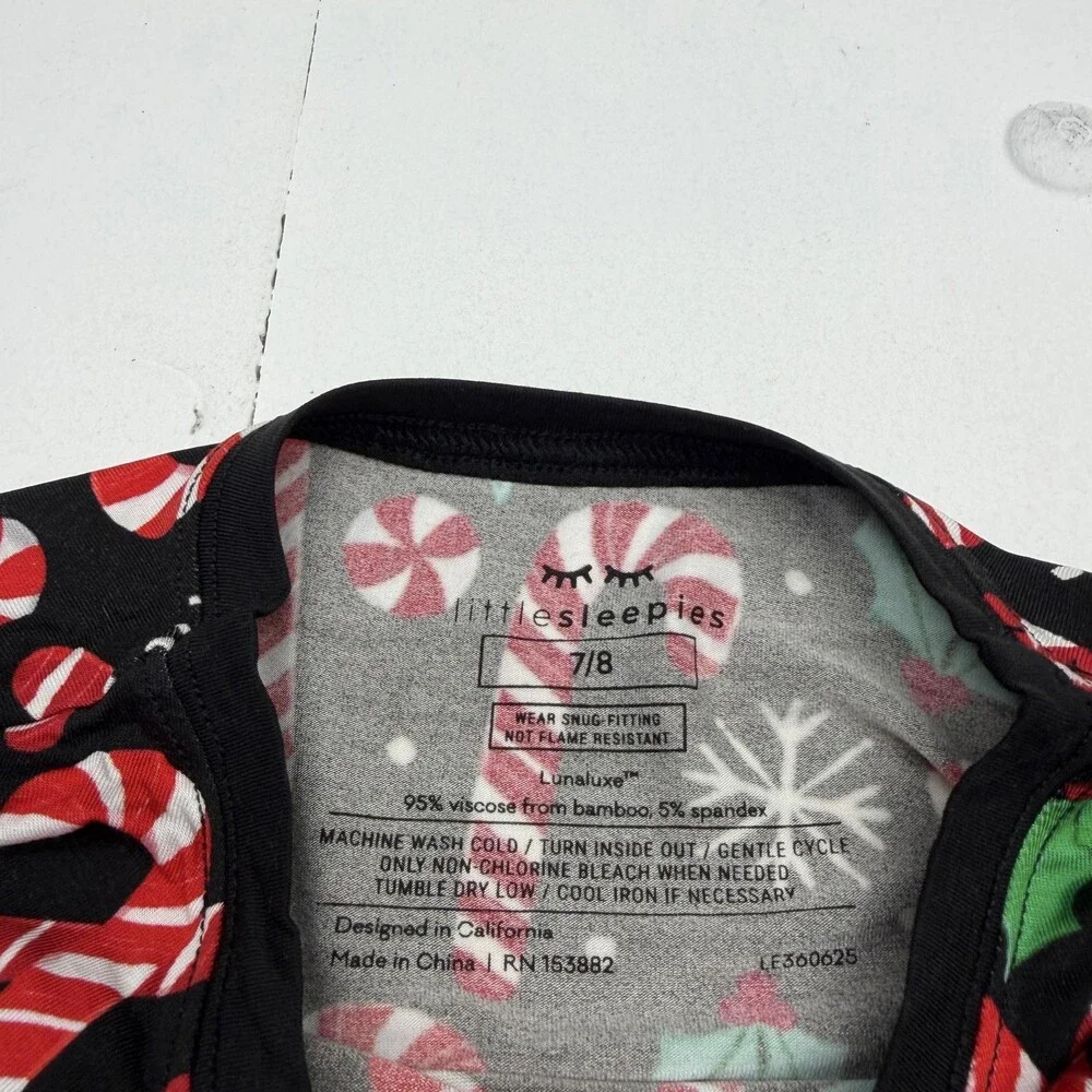 Little Sleepies Pajama Set Kids 7-8 Black Merry Mints Candy Cane 2 Piece PJs